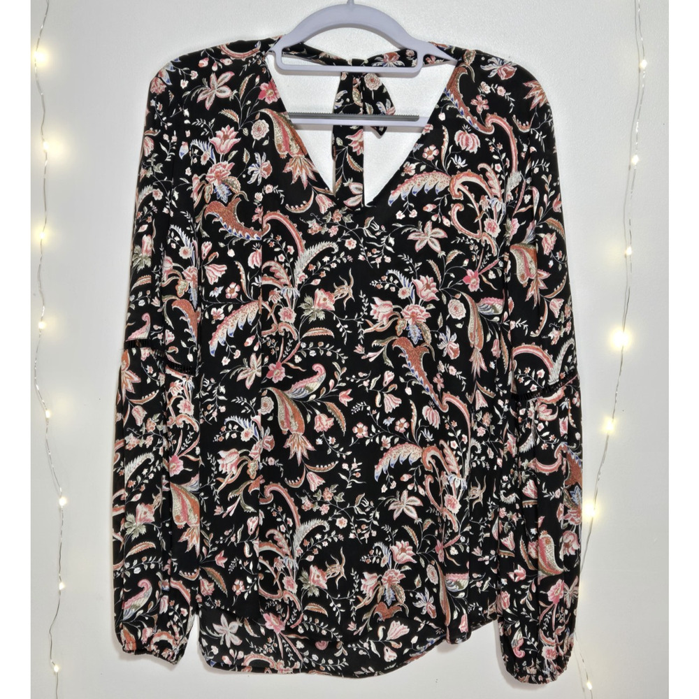 ROSE & OLIVE Womens Dark Floral Paisley Balloon Sleeve Crochet Blouse Small Boho